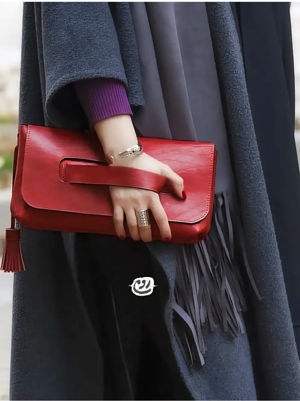 Genuine Leather Red Oversized Clutch Handbag Tassel Boho